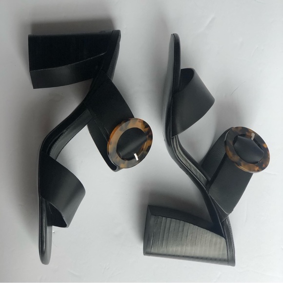 & Other Stories Black Leather 2 Strap Tortoise Buckle Heeled Sandals Made Spain - Picture 4 of 9